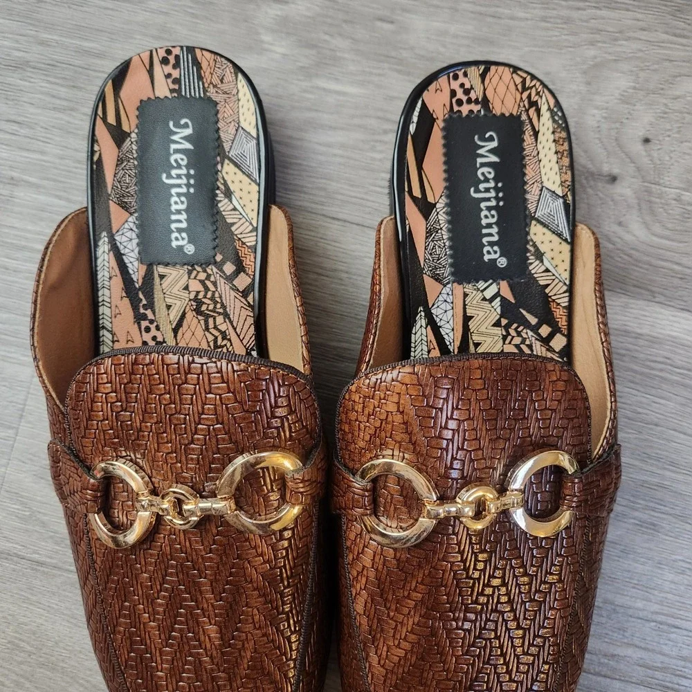 Meijiana Brown Woven Horsebit Mule Loafers Size‎ 8 Slip On Flats Comfort Elegant
